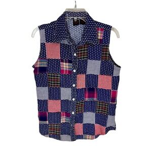 Star & Plaid Pattern Americana Patchwork Sleeveless‎ Cotton Blouse  Medium M